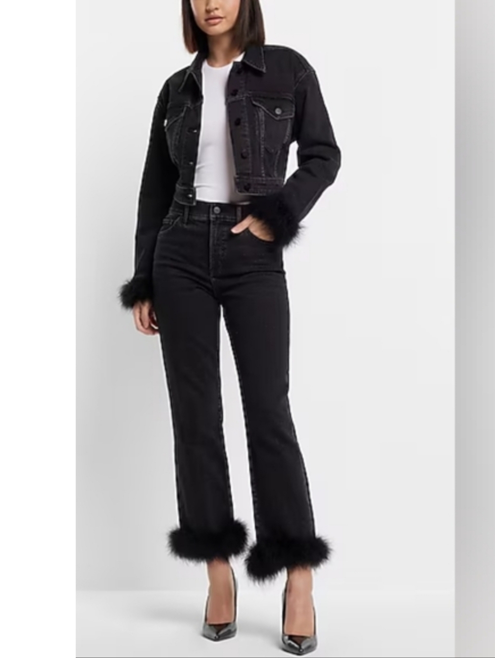 ✨ Express High Waisted Straight Ankle Feather Hem Jeans Black Denim (NWT)  8R